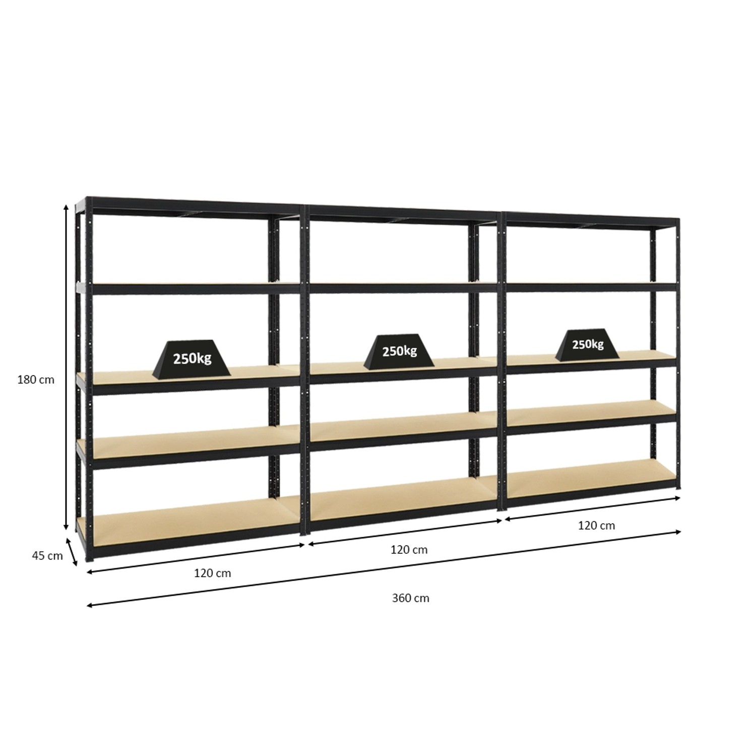 PROREGAL Mega Deal: 3 schwarze Schwerlastregale (180x120x45 cm) mit je 5 MDF-Böden, Fachlast 250 kg.