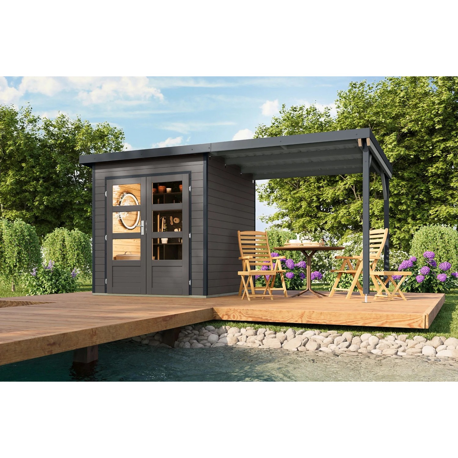 Karibu Gartenhaus Domingo 1 B mit Anbaudach 2,33 m Grau-Anthrazit