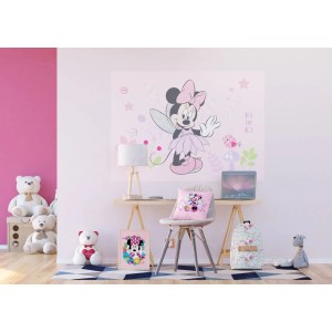 Rosa Disney Fototapete mit Minnie Maus, 160x110 cm, im Kinderzimmer.