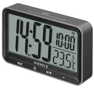 Digitaler Kienzle Funkwecker in Silber-Schwarz mit Temperaturanzeige und großem Display.