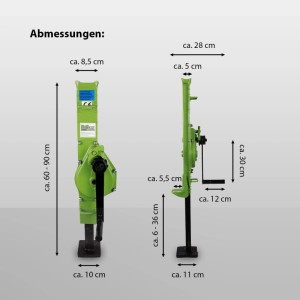 Abmessungen der TRUTZHOLM Stockwinde 1500 kg: Höhe 60-90cm, Klaue 6-36cm, Grundplatte 11x10cm.