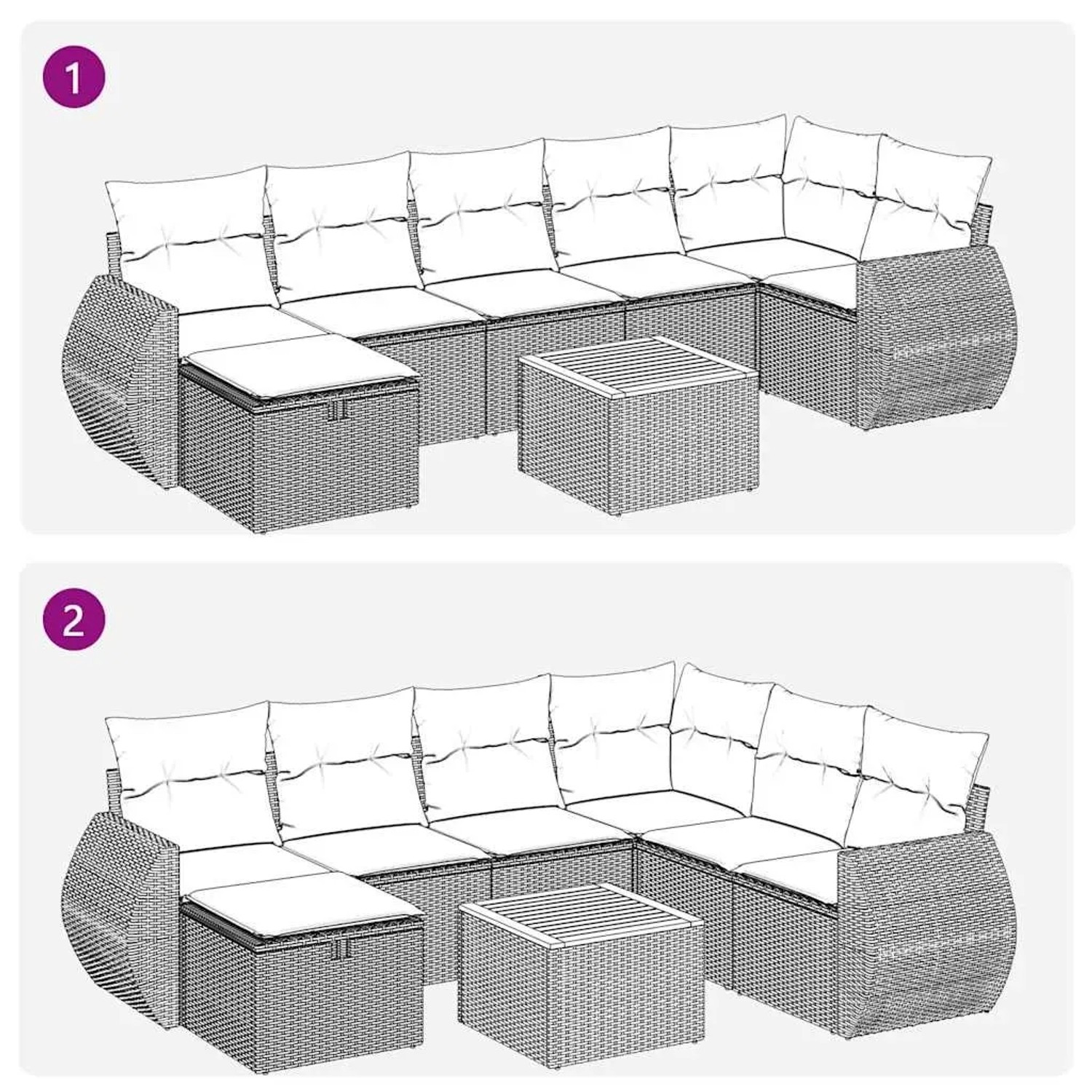 Schwarze 8-tlg. vidaXL Garten-Sofagarnitur aus Rattan mit cremeweißen Kissen und Tisch.