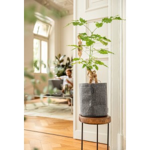 Lechuza Trendcover 23 Felt Dark natural, runder Blumentopf aus Filz, Ø 23 cm, auf kleinem Tisch.