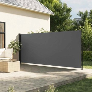 Ausziehbare, anthrazitfarbene furnicato Seitenmarkise, 180x600 cm, für Terrasse und Balkon.