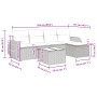 vidaXL 6-Tlg. Garten-Sofagarnitur Grau Poly Rattan mit Maßen, bestehend aus Sofa, Hockern und Tisch.