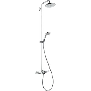 Hansgrohe Croma Showerpipe 220 mit Kopf- und Handbrause, Wannenthermostat, Chrom.