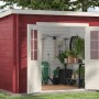 Rotes Alpholz Gartenhaus Maria-28 mit geöffneten, weißen Doppeltüren und Pultdach.