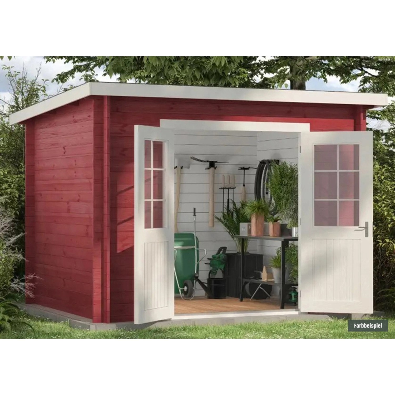 Rotes Alpholz Gartenhaus Maria-28 mit geöffneten, weißen Doppeltüren und Pultdach.