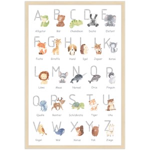 Gerahmtes Kinderzimmerposter mit ABC-Motiv und Tierbildern im Holzrahmen, 40x60 cm.