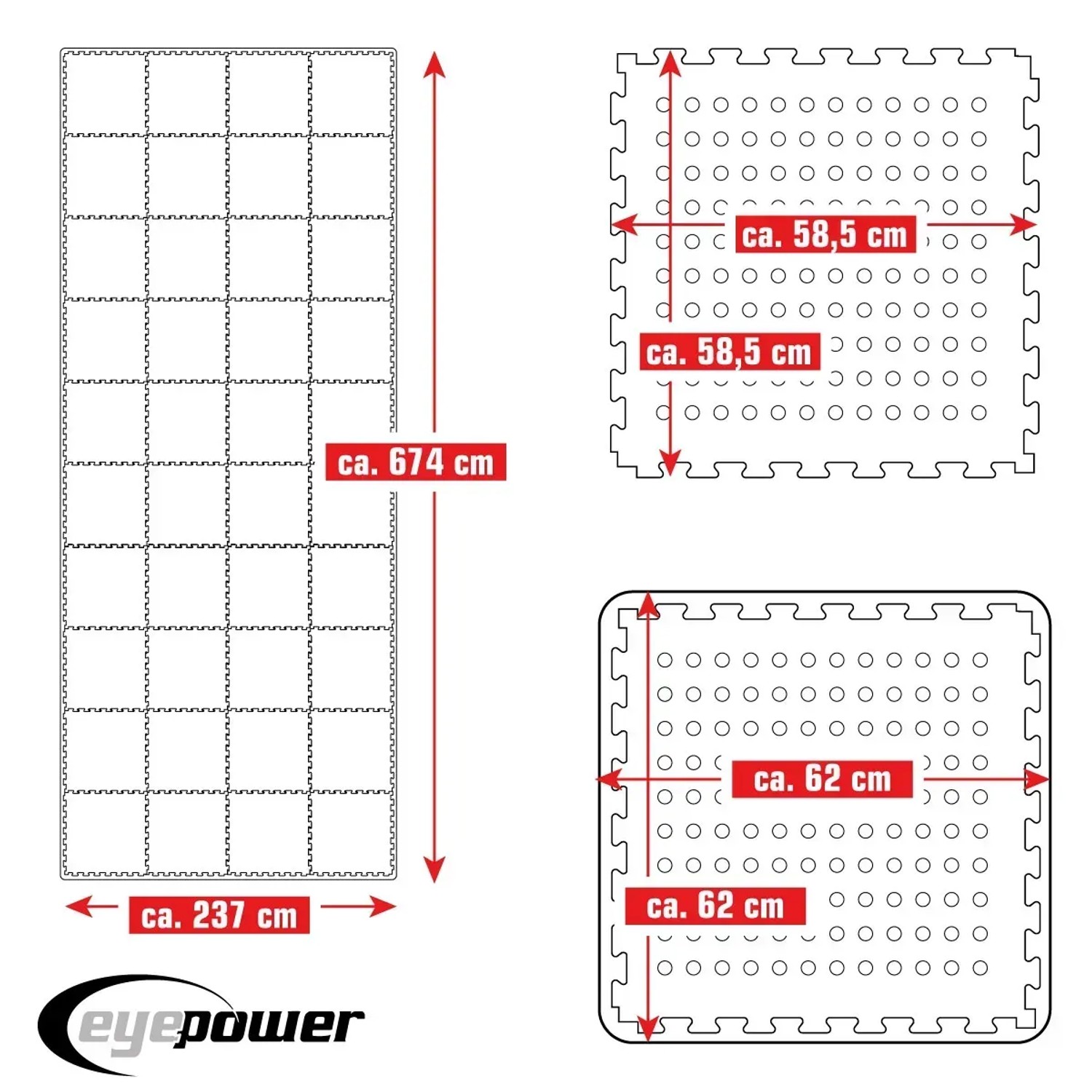 Blaues eyepower Poolmatte 44er Set 62x62cm, Stecksystem, Maße mit Pfeilen gekennzeichnet.