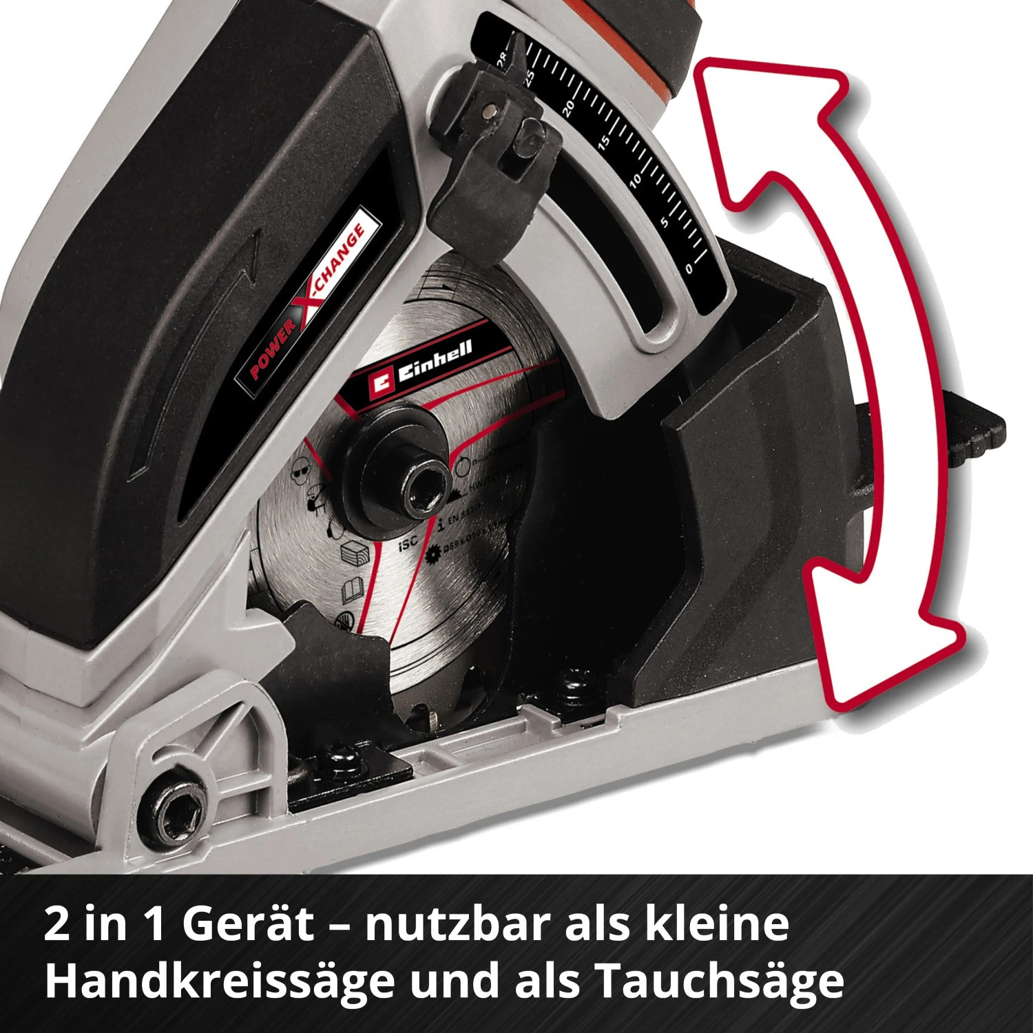 Einhell Akku-Mini-Handkreissäge TE-CS 18/89 Li Solo, Sägeblatt sichtbar.