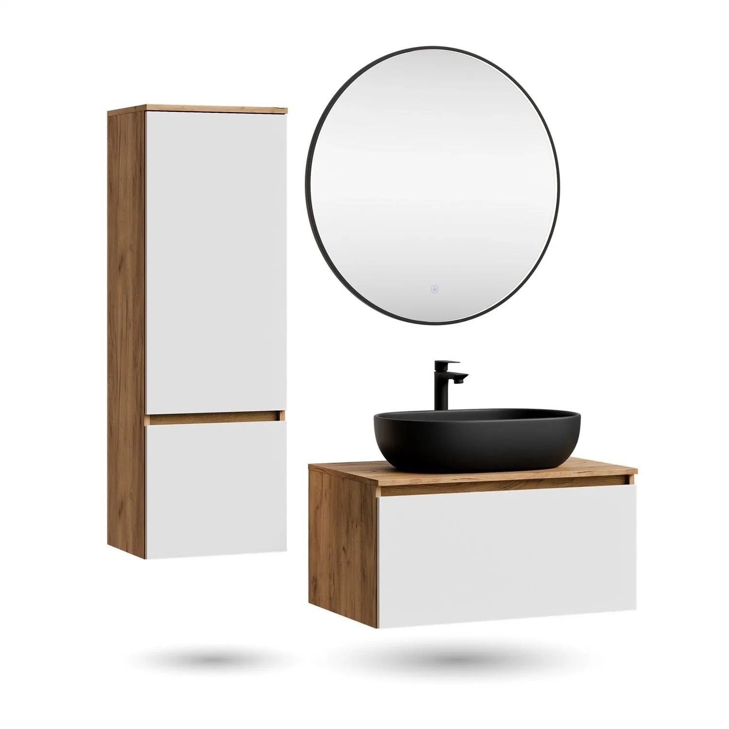 Planetmöbel ARISA Badmöbel Set 80 cm Weiß Matt mit Hochschrank Veluna LED Spiegel 80 cm und Keramik Aufsatzwaschbecken 60 cm in Schwarz Soft Close