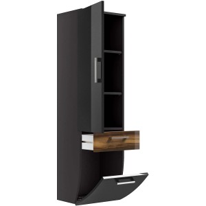 Posseik Bad-Hochschrank Rima, Walnuss/Anthrazit, 40 cm breit, mit Tür, Schublade und offenem Fach.