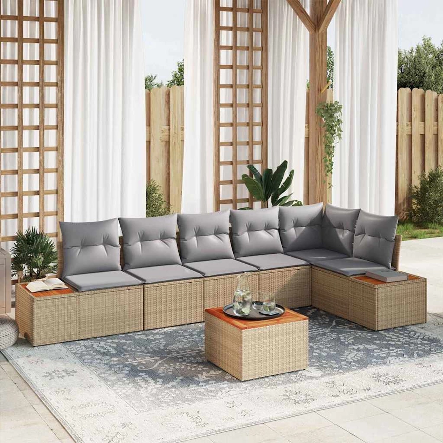 vidaXL Garten-Sofa-Set mit Kissen 7-Tlg Beige Poly Rattan 3348101 günstig online kaufen