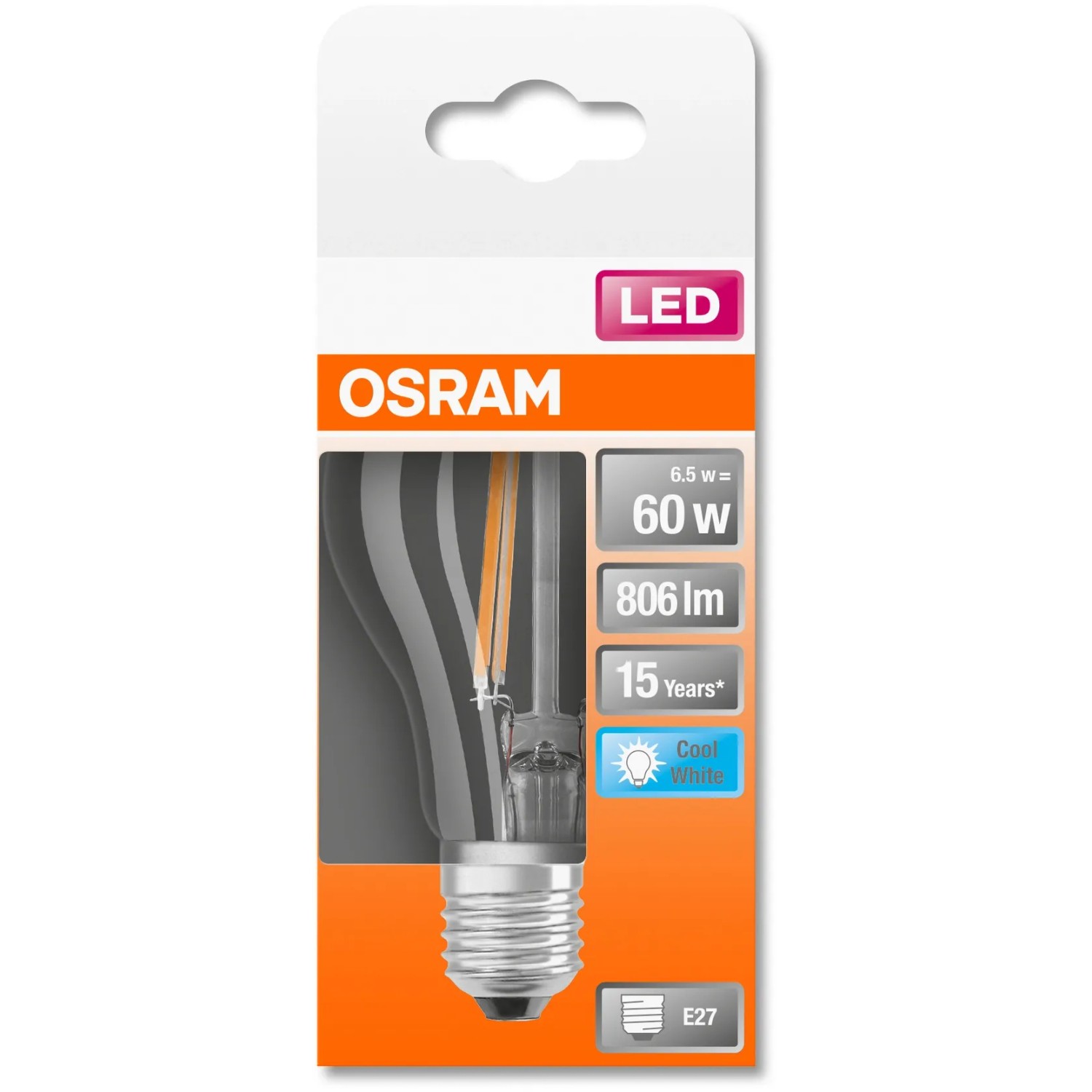Osram LED-Lampe E27 in Glühlampenform, 6,5W, 806lm, neutralweiß, im Karton.