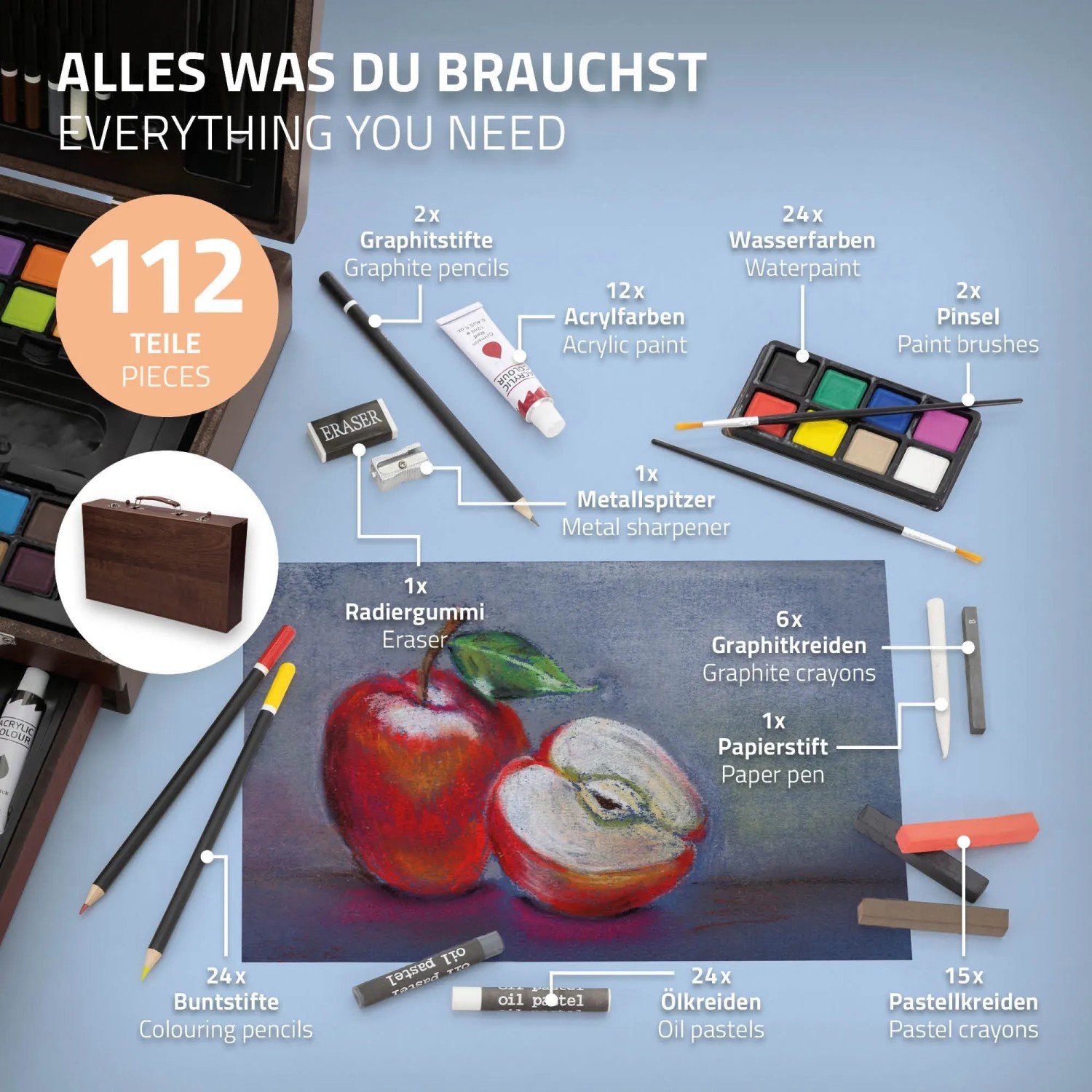 ECD Germany 112-teiliges Malset im Malkoffer aus Holz zum Zeichnen und Malen.