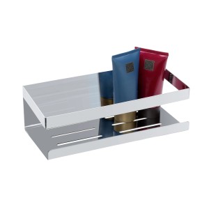 Schöner Wohnen Wandablage Meleto aus Edelstahl, glänzend, mit zwei Kosmetikprodukten.