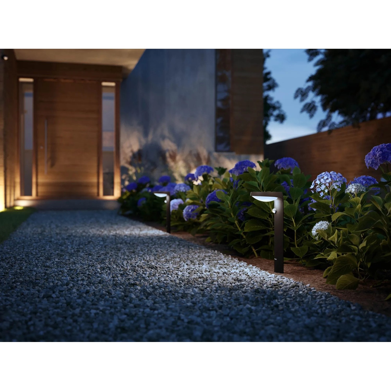 Philips Tyla Solar-Wegeleuchte in Anthrazit beleuchtet Gartenweg mit Blumen.