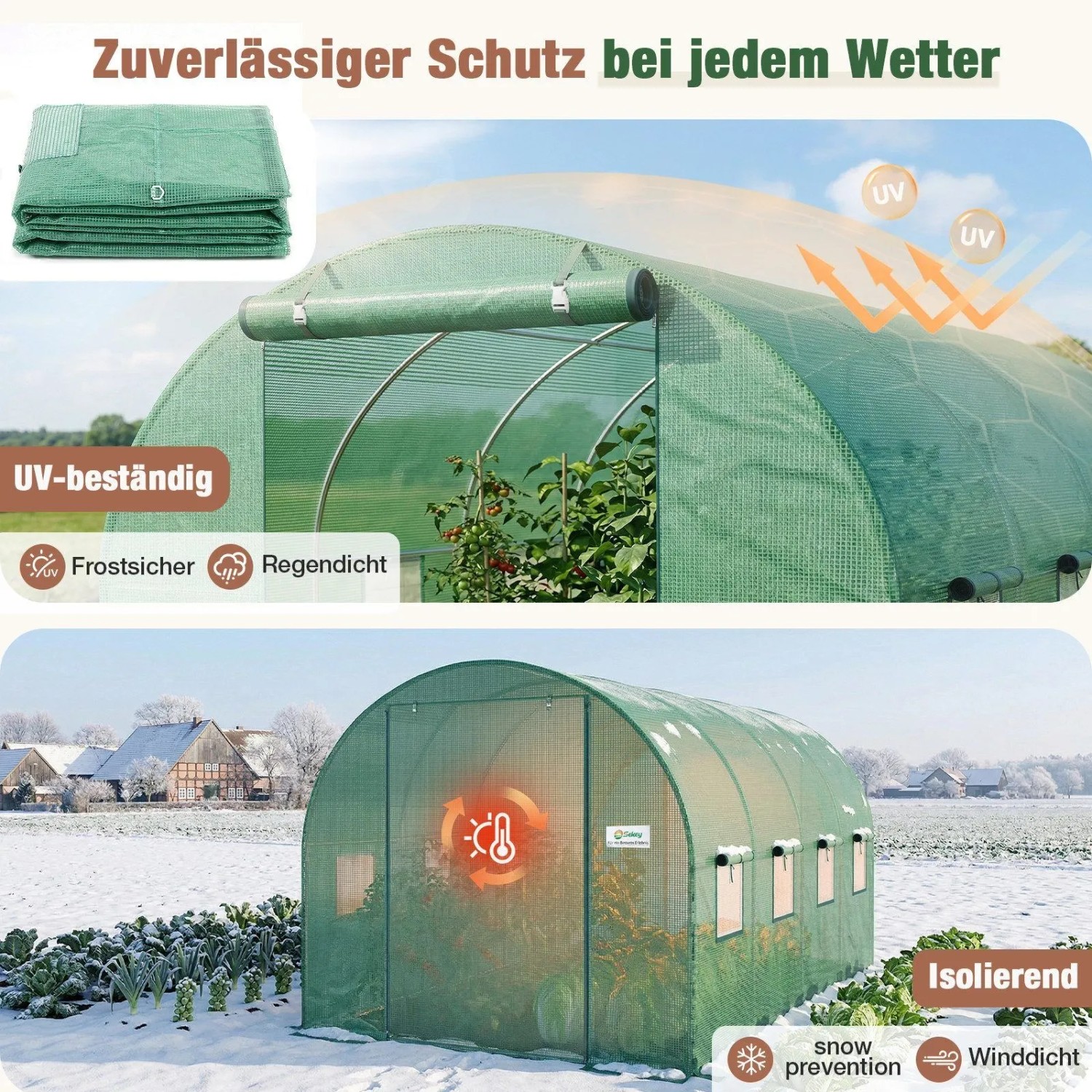 Grüne Sekey PE-Gitterfolie für 4x2x2m Tunnelgewächshaus, UV-beständig, frostsicher, regendicht. Schützt Pflanzen im Garten.
