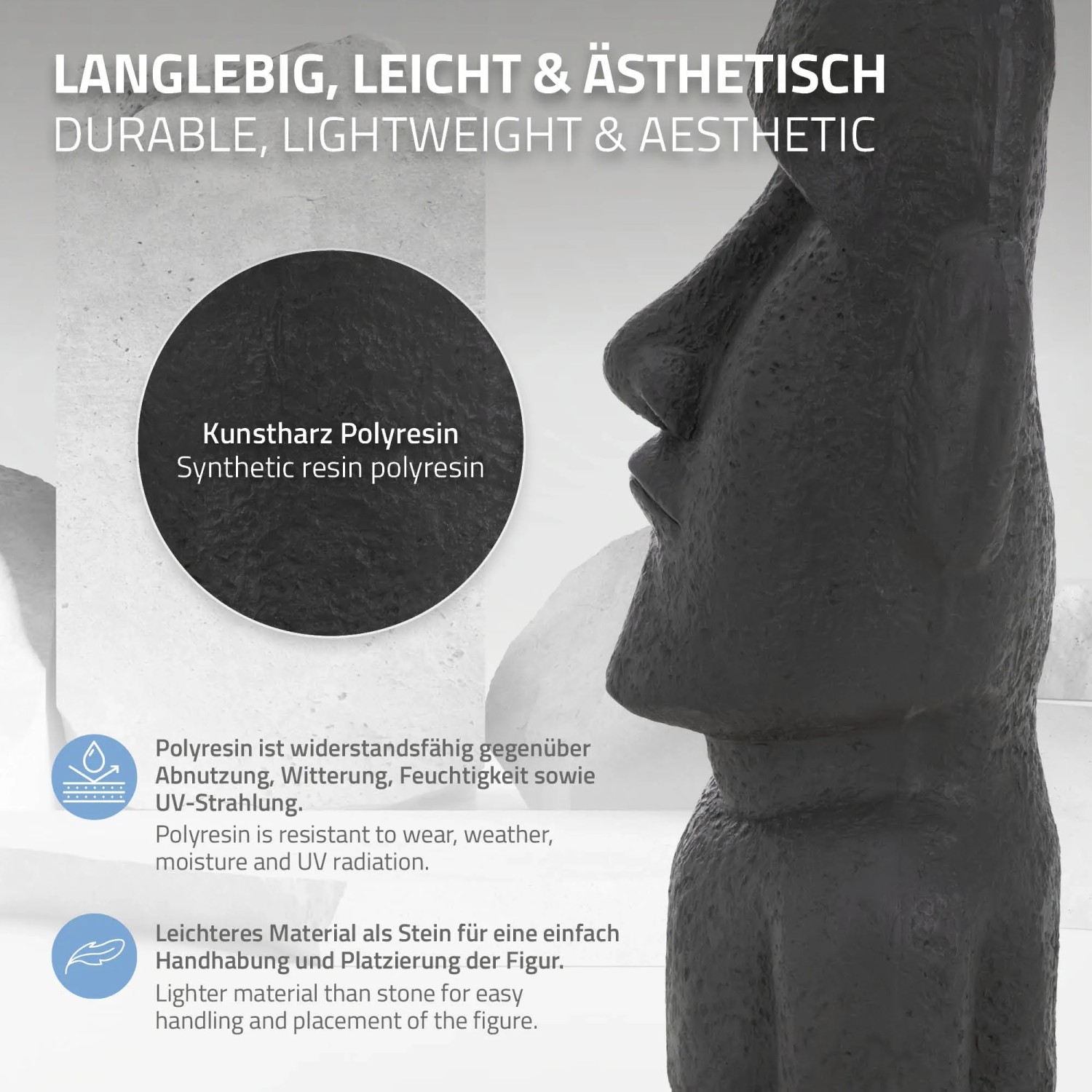 Anthrazitfarbene Moai Figur Rapa Nui (53,5 cm) aus Kunstharz für Haus und Garten.