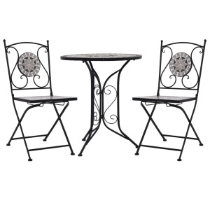 Graues 3-tlg. Mosaik Bistro-Set von vidaXL für Garten/Terrasse: Tisch und zwei Stühle.