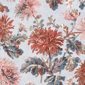 Laura Ashley Vliestapete Maryam Crimson mit Chrysanthemen-Muster für dekorative Wände.