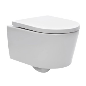 Modernes weißes Wand-WC mit geschlossenem Softclose-Sitz. Swiss Aqua Technologies WC-Set für Ihr Bad.