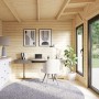 Innenansicht: Palmako Holz-Gartenhaus mit Pultdach, weiß lackiert, als Büro eingerichtet.