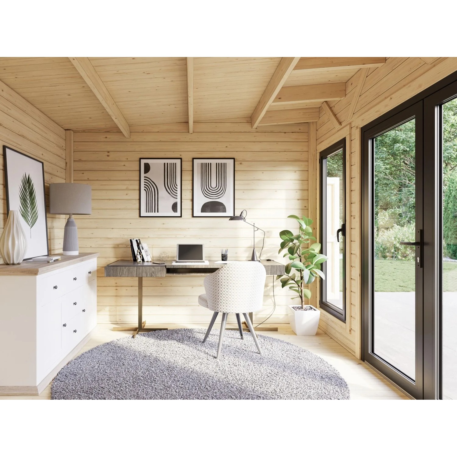 Innenansicht: Palmako Holz-Gartenhaus mit Pultdach, weiß lackiert, als Büro eingerichtet.