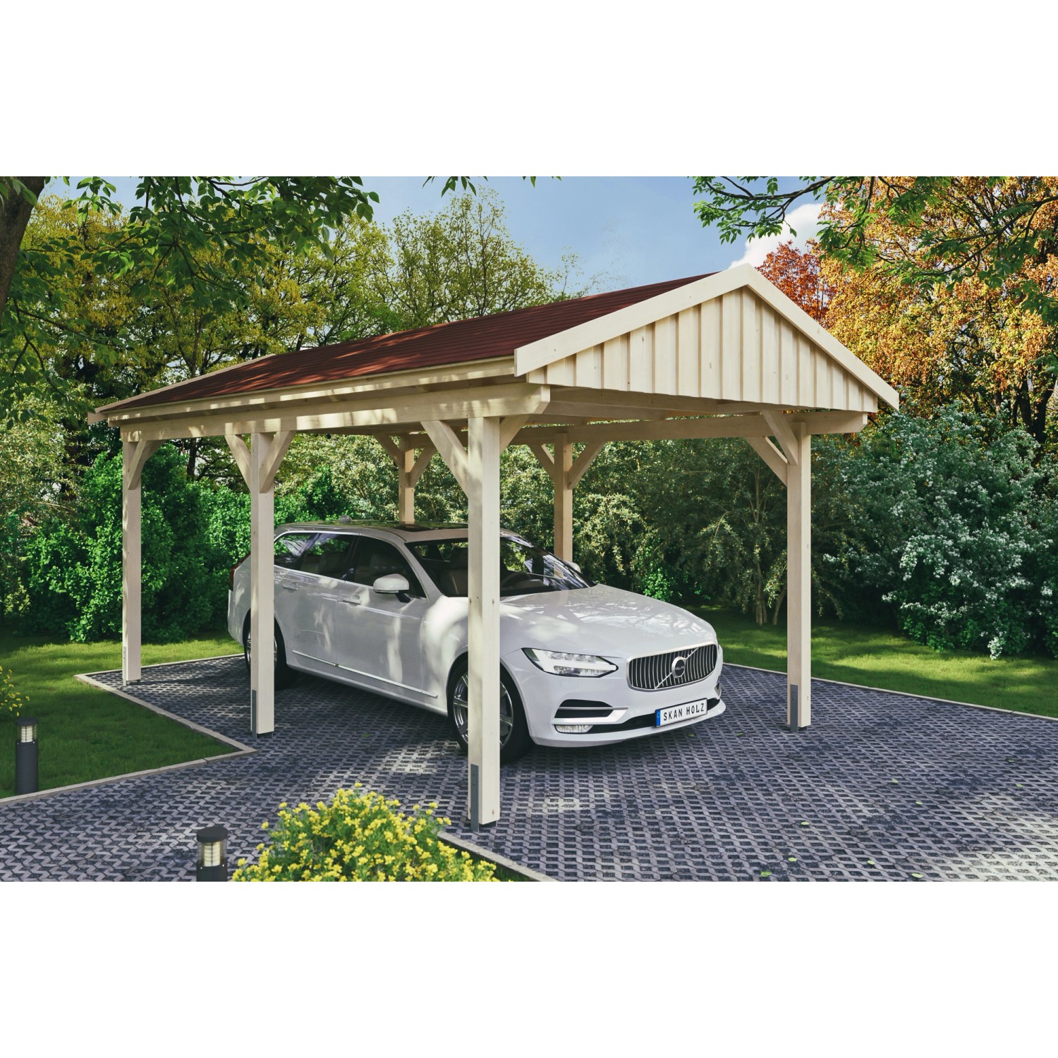 Skan Holz Carport Fichtelberg 317 cm x 566 cm Rote Schindeln Natur