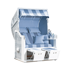 Blau-weißer 2-Sitzer Strandkorb Classic mit PE-Gleitern von Natur24. Entspannung pur!