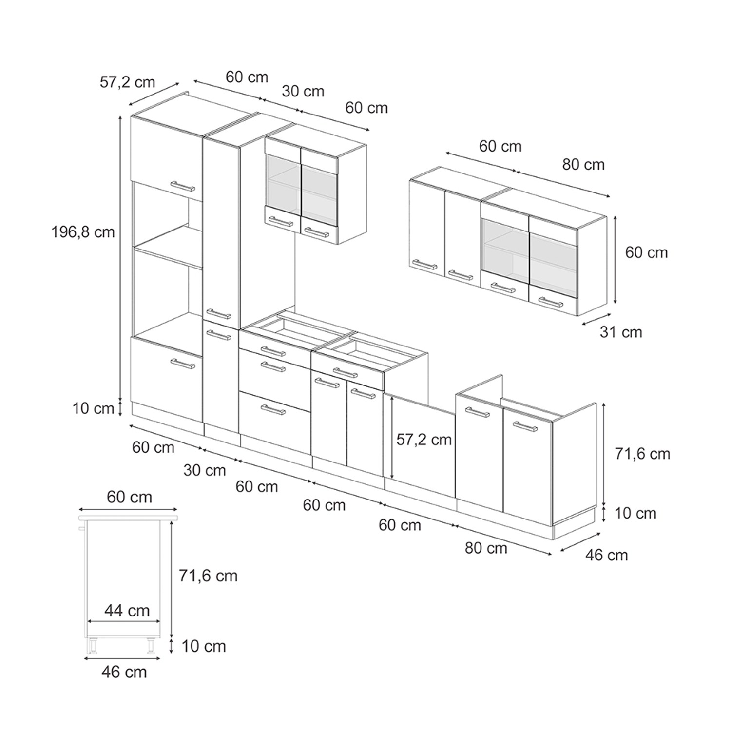 Skizze der Vicco R-Line Küche 350 cm in Artisan Eiche/Anthrazit mit Maßen für die Küchenplanung.