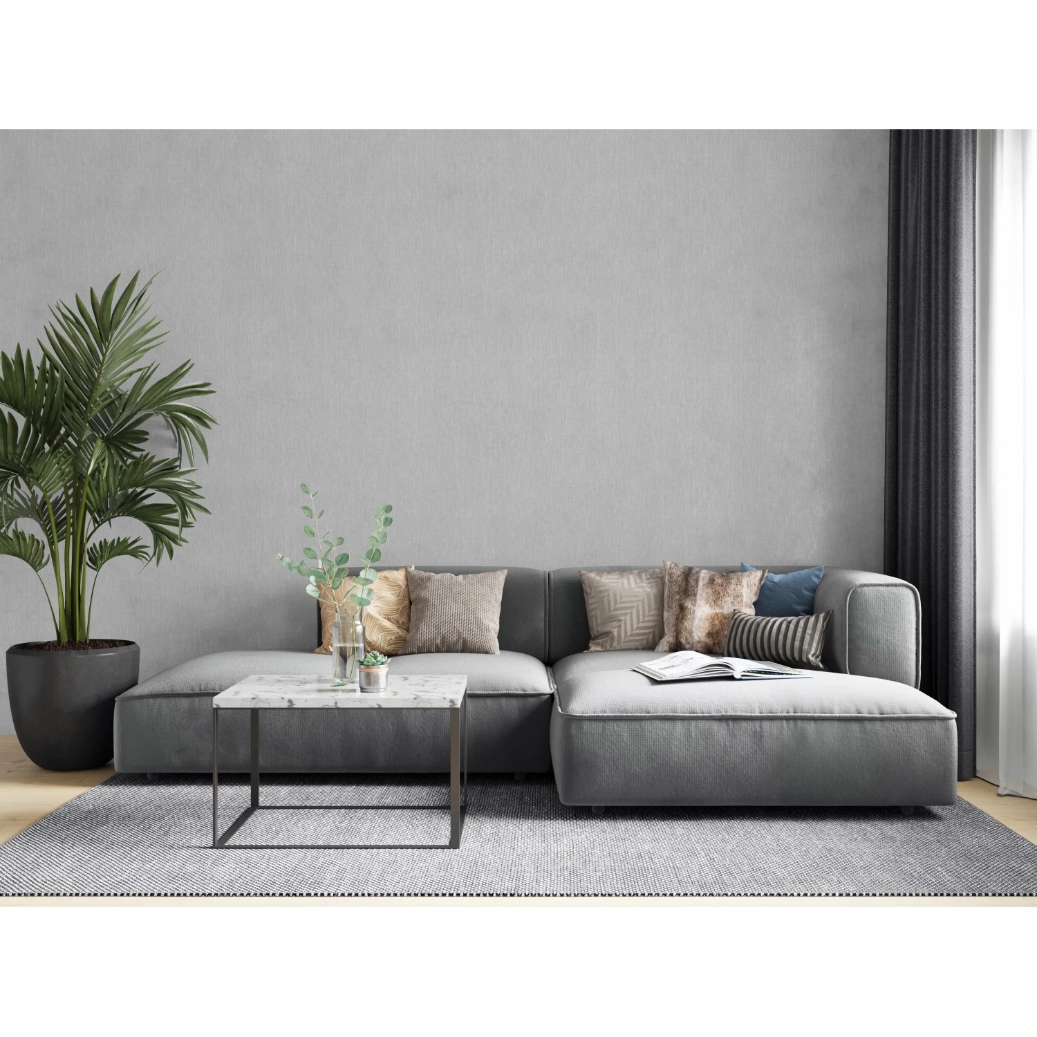 Wohnraum mit grauer Marburg Vliestapete Botanica 2 Uni, passend zum modernen Interieur.