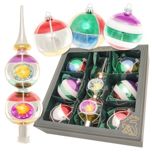 7-tlg. Set Krebs Glas Lauscha Weihnachtskugeln (8cm) mit Doppelspitze in Retro-Farben.