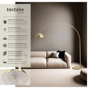 Goldene Tectake Bogenleuchte Arcus im 70er-Jahre-Stil neben einem Sofa.