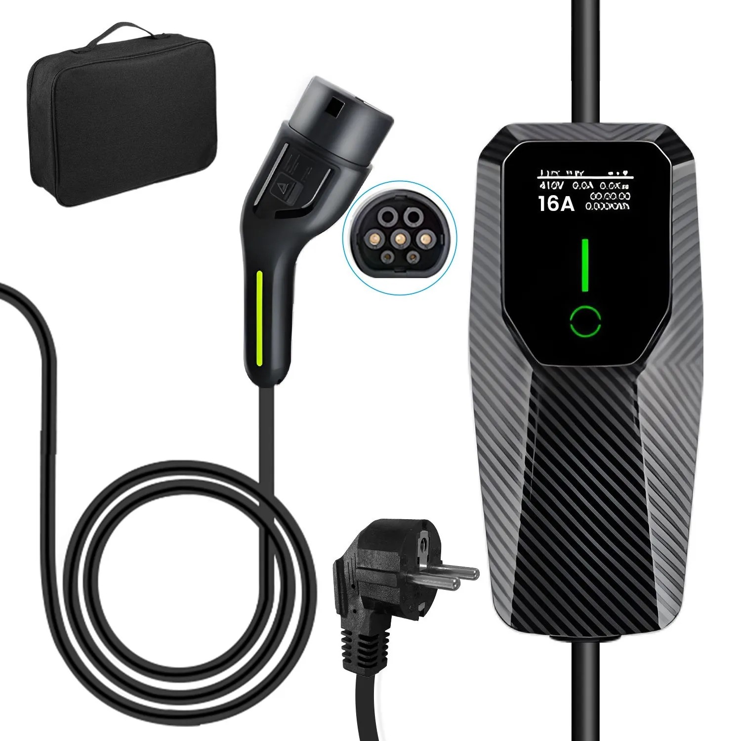 Junsun Typ 2 1P 6A To 16A 3.5Kw 4M Ev Ladegerät  Schwarz Mit Tasche
