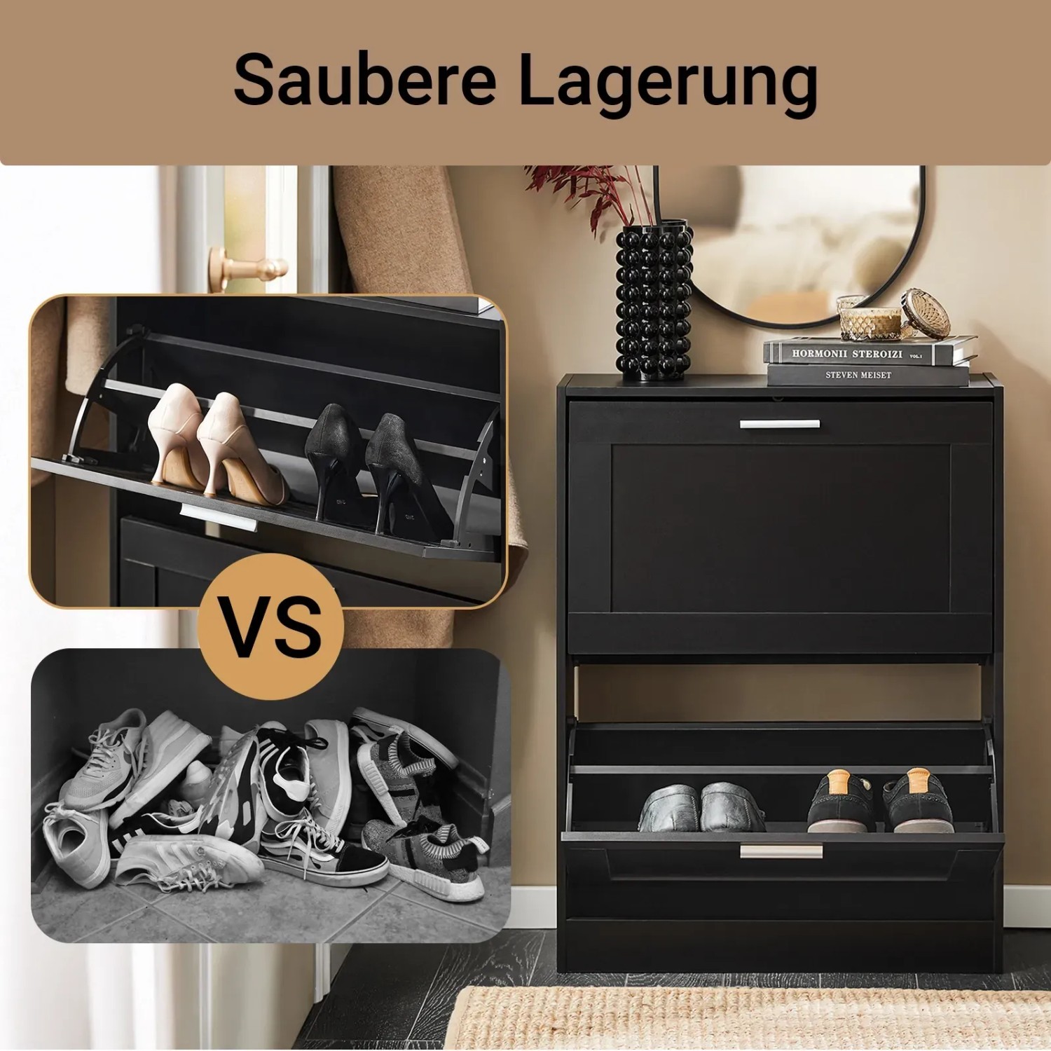 Schwarzer SoBuy Schuhschrank mit 2 Klappen für saubere Schuhaufbewahrung im Flur.