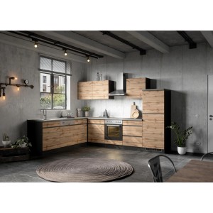 Moderne Winkelküche Turin in Wotaneiche-Graphit mit E-Geräten, bestehend aus mehreren Schränken.