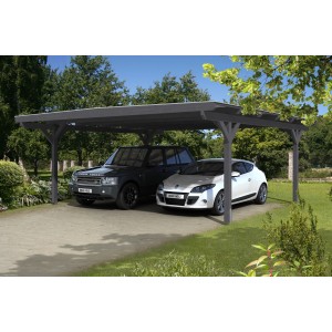 Skan Holz Carport Odenwald, 640x648 cm, schiefergrau, mit zwei geparkten Autos.
