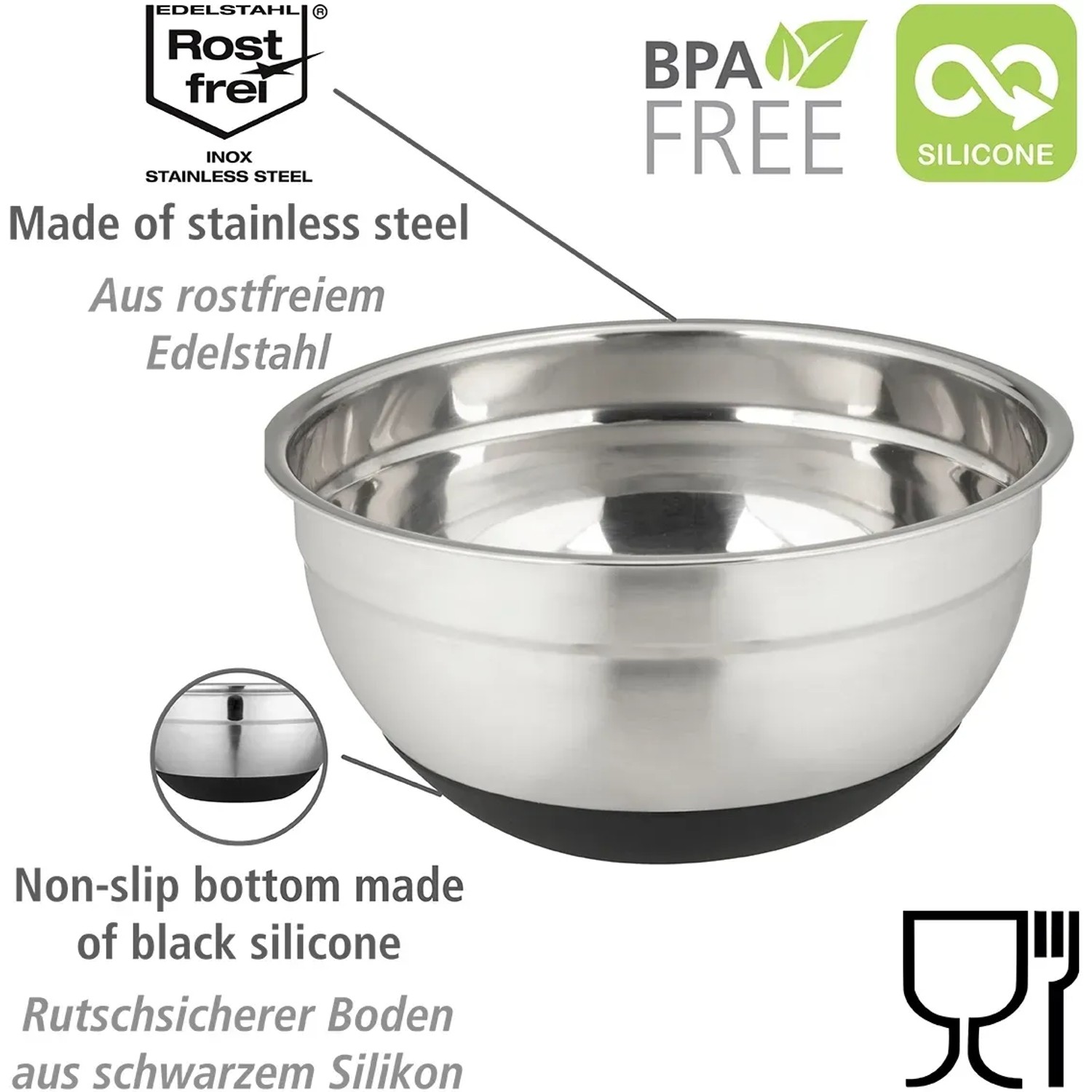 Wenko Schüssel Aru 1,7 l: Edelstahl-Salatschüssel mit rutschfestem Silikonboden für Grillutensilien.