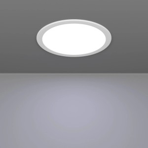 Runde, weiße EGLO LED Einbauleuchte CCT Ø21,6cm in grauer Decke. Flacher LED-Einbaustrahler für blendfreies Licht.