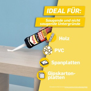 Pattex Montagekleber Super Power Kartusche für Holz, PVC, Span- und Gipskartonplatten.