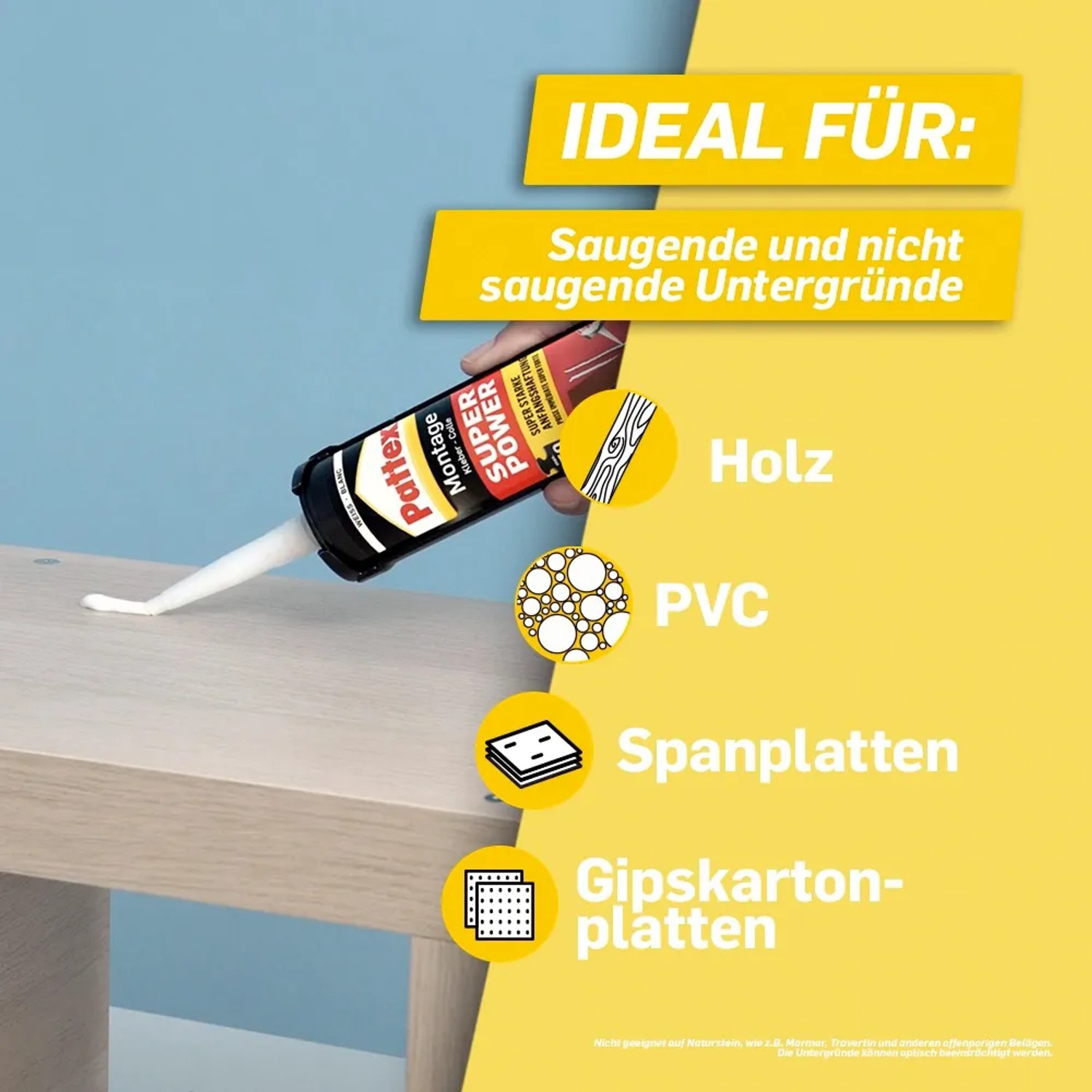 Pattex Montagekleber Super Power Kartusche für Holz, PVC, Span- und Gipskartonplatten.