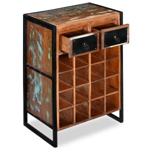 Weinregal aus Altholz für 16 Flaschen mit 2 Schubladen im Industrie-Stil.