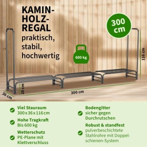 Dunkelgraues TTL GARDEN Kaminholzregal aus pulverbeschichtetem Metall, 300x116x36 cm, 600 kg Tragkraft, für Outdoor & Indoor.