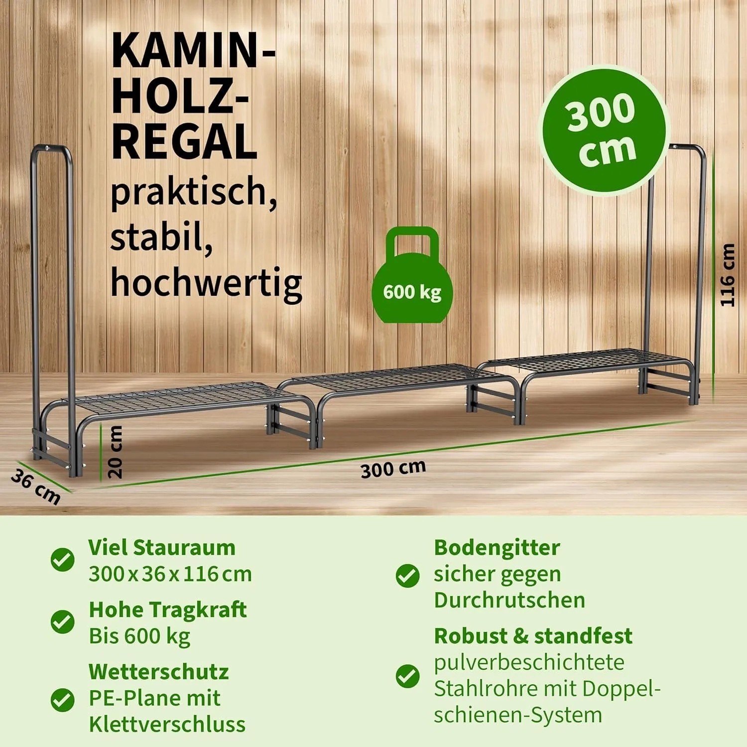 Dunkelgraues TTL GARDEN Kaminholzregal aus pulverbeschichtetem Metall, 300x116x36 cm, 600 kg Tragkraft, für Outdoor & Indoor.