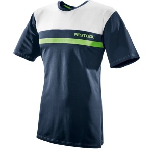 Festool Herren T-Shirt in Dunkelblau, Weiß und Grün mit Logo. Modernes Colour-Block-Design für Arbeitskleidung.