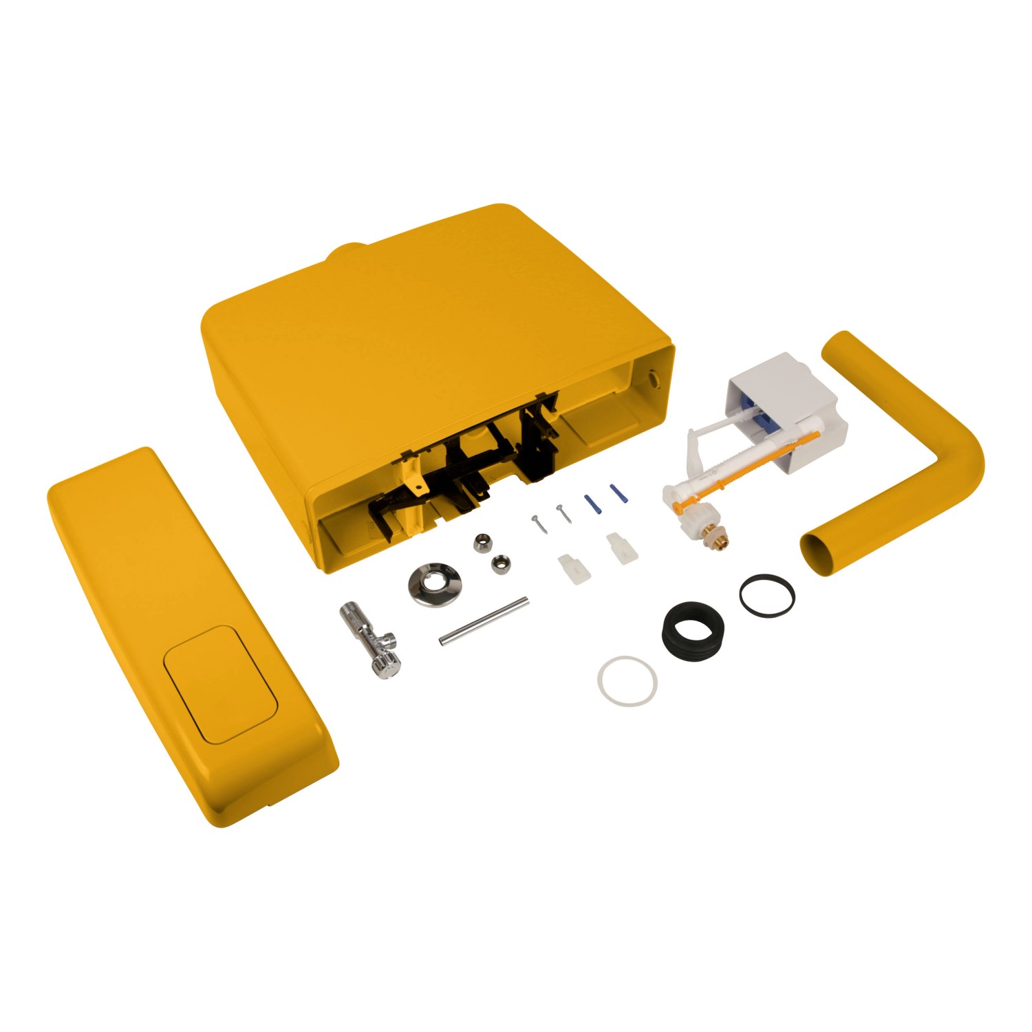 Calmwaters Aufputz-Spülkasten in Curry-Gelb mit Zubehör für Sanitärinstallation.
