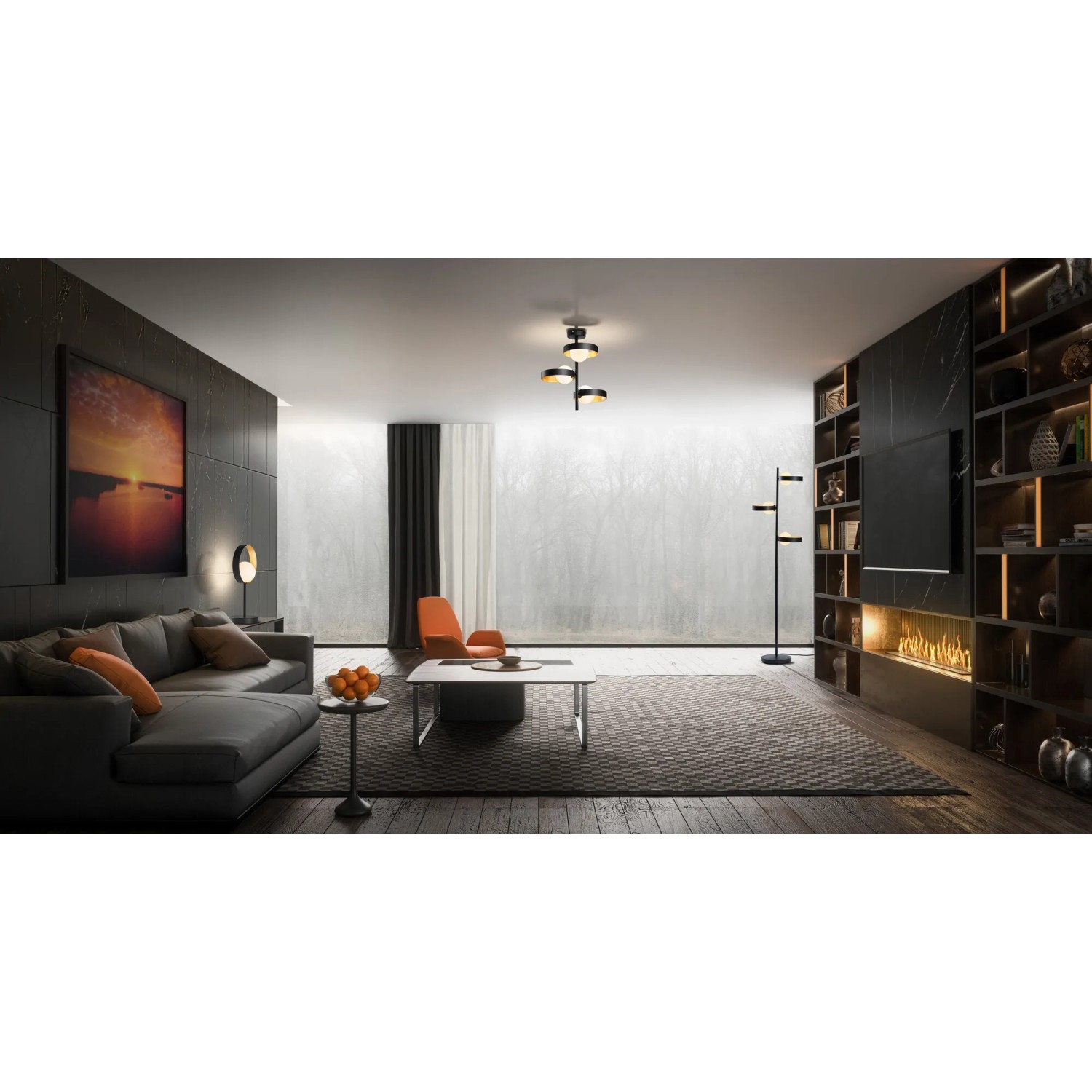 Ledvance Tischleuchte Decor Memphis, schwarz-gold, 36,5 cm, im modernen Wohnzimmer.