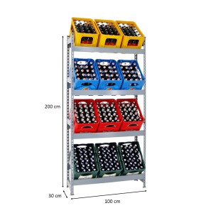 Graues PROREGAL Getränkekistenregal mit vier Ebenen, beladen mit gelben, blauen, roten und grünen Kisten.